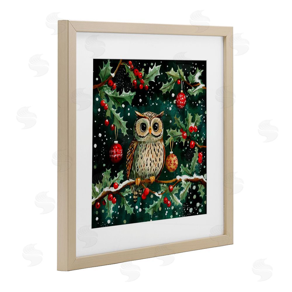 Yen Winter Owl with Gentle Snowfall Birch Framed Print Under Glass Art