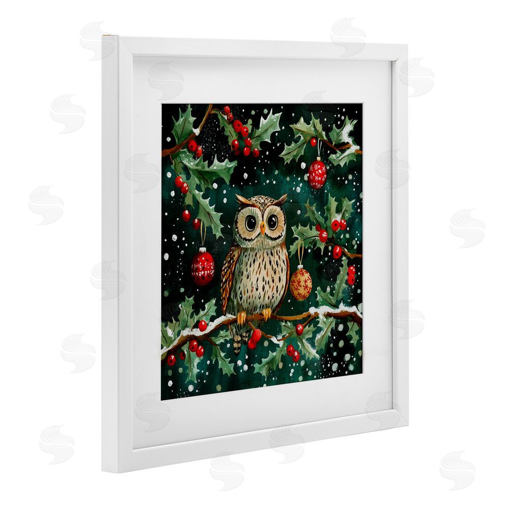 Yen Winter Owl with Gentle Snowfall White Framed Print Under Glass Art