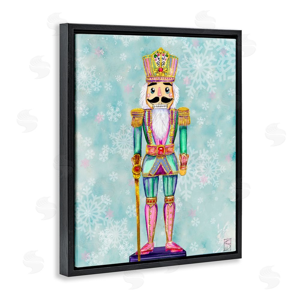 Sara Culpepper Pastel Nutcracker over Snowflakes Black Floating Frame Canvas Wall Art Print