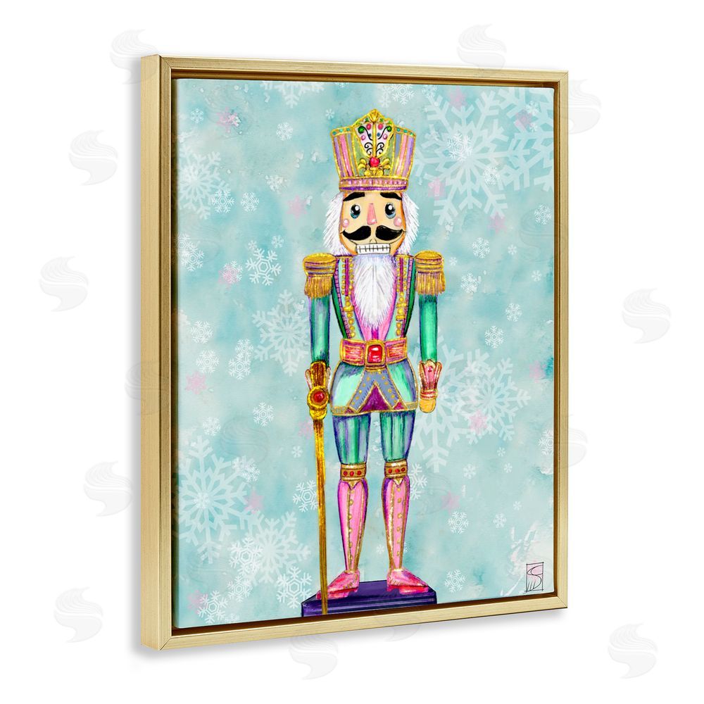 Sara Culpepper Pastel Nutcracker over Snowflakes Gold Floating Frame Canvas Art Print