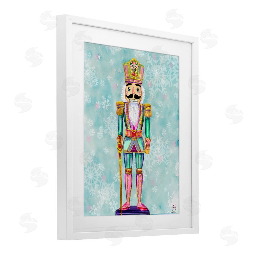 Sara Culpepper Pastel Nutcracker over Snowflakes White Framed Print Under Glass Art