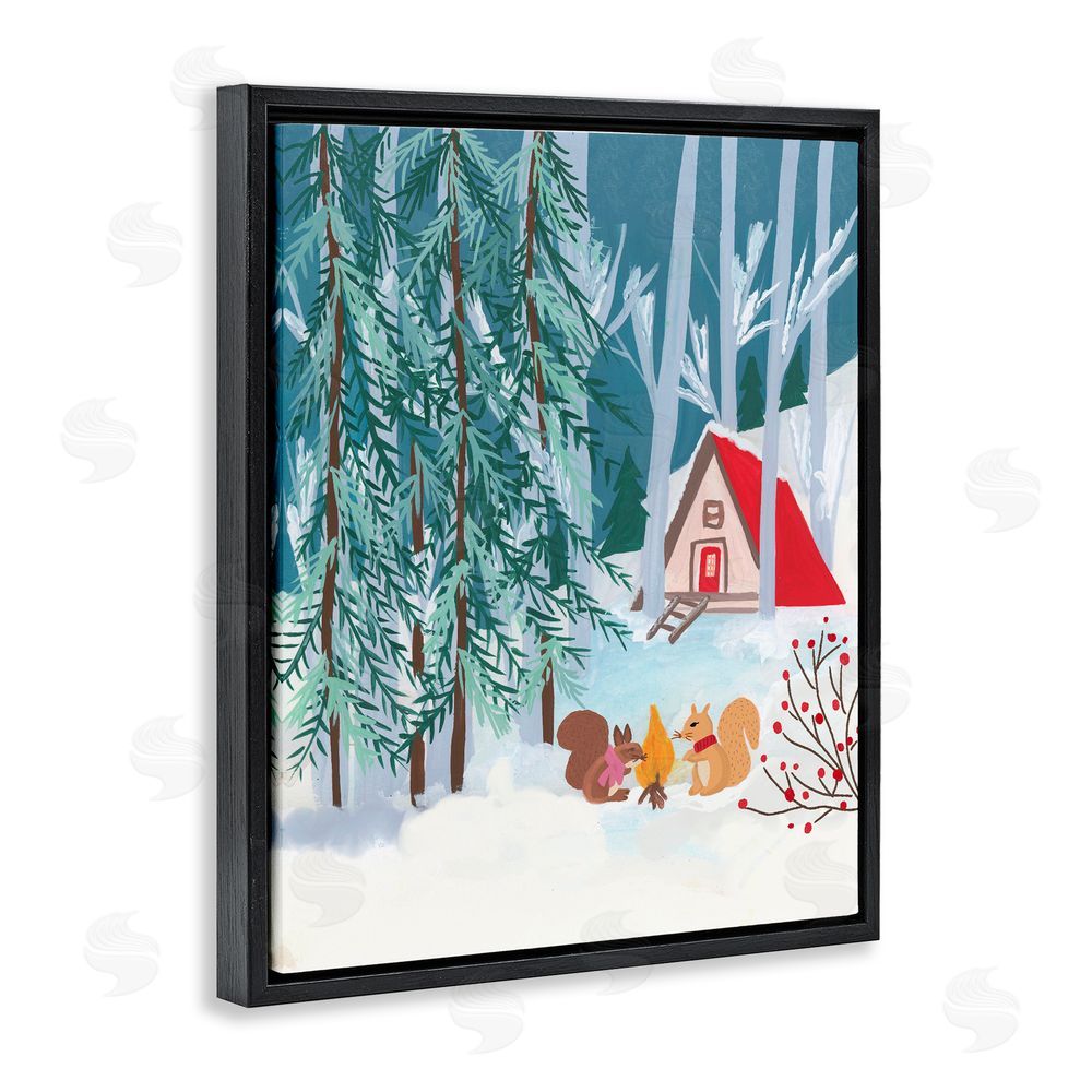 Nabeela Rumi Woodland Creatures Winter Campfire Black Floating Frame Canvas Wall Art Print