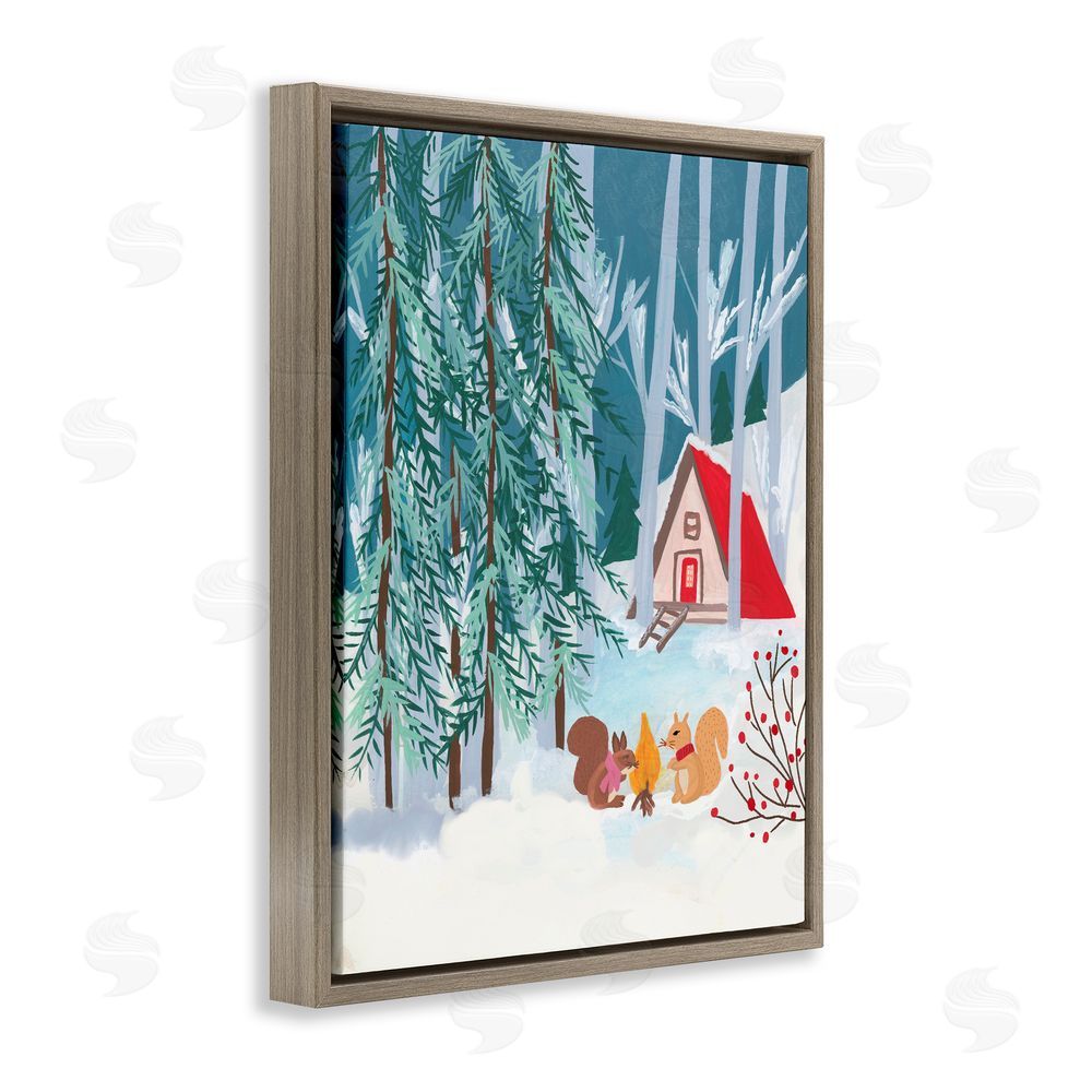Nabeela Rumi Woodland Creatures Winter Campfire Brown Floating Frame Canvas Art Print