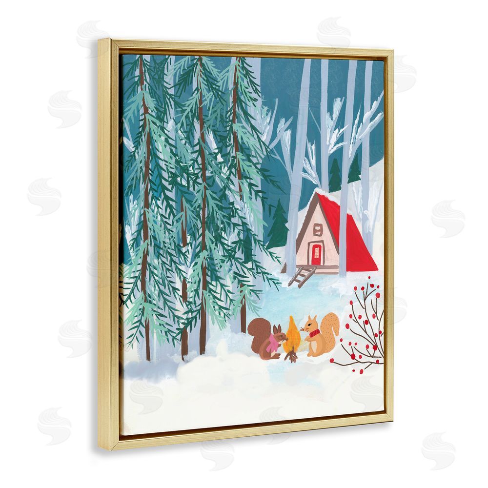 Nabeela Rumi Woodland Creatures Winter Campfire Gold Floating Frame Canvas Art Print