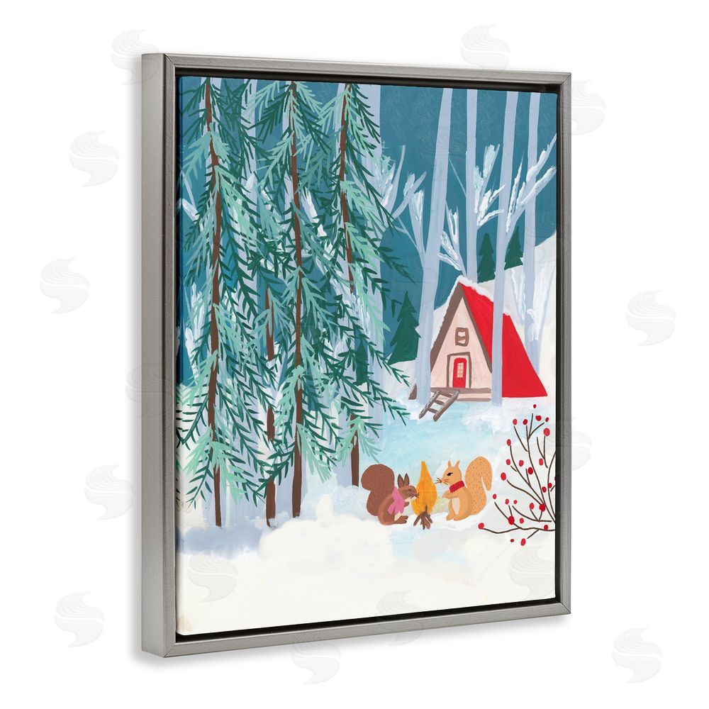 Nabeela Rumi Woodland Creatures Winter Campfire Gray Floating Frame Canvas Art Print