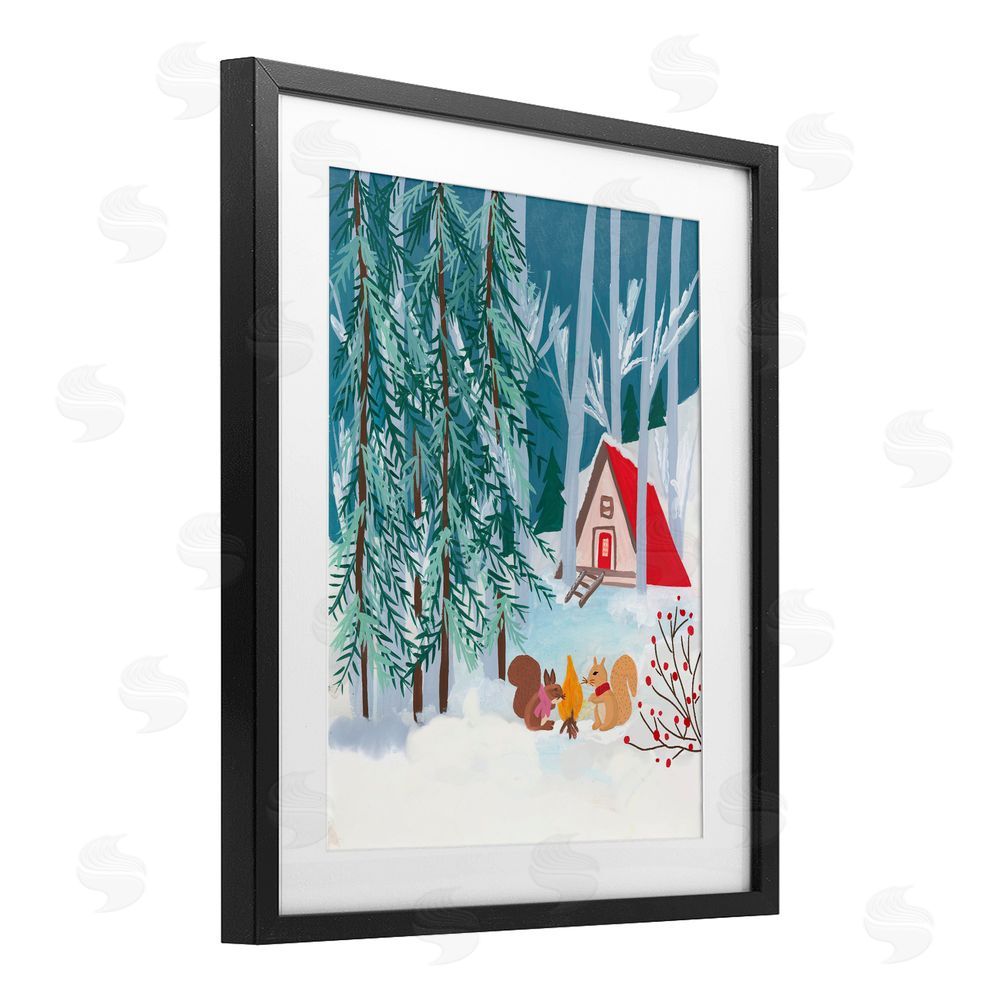 Nabeela Rumi Woodland Creatures Winter Campfire Black Framed Print Under Glass Art