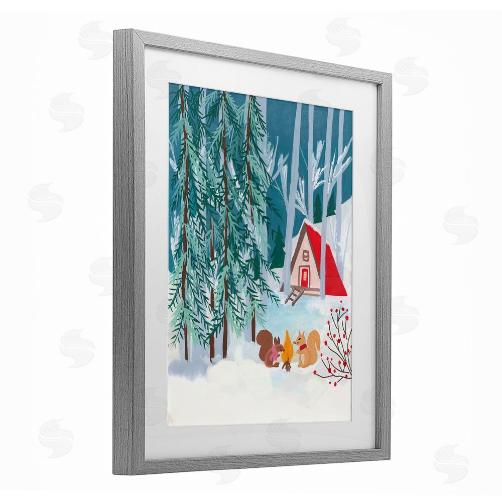 Nabeela Rumi Woodland Creatures Winter Campfire Gray Framed Print Under Glass Art