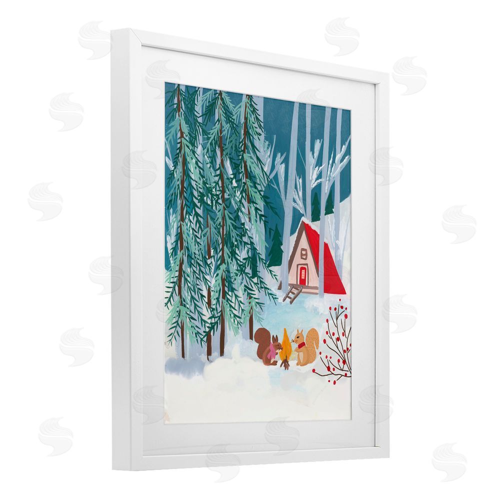 Nabeela Rumi Woodland Creatures Winter Campfire White Framed Print Under Glass Art