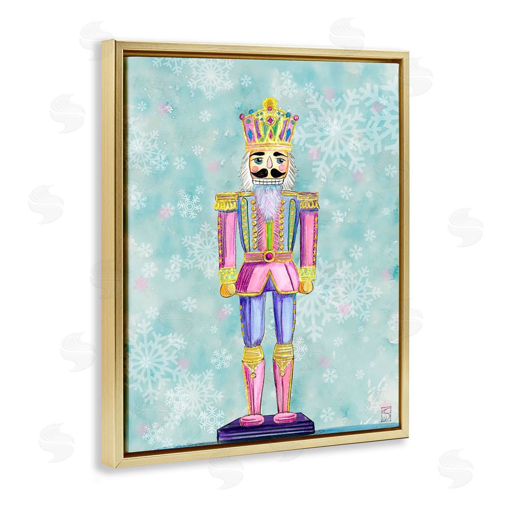 Sara Culpepper Pastel Nutcracker on Snowflakes Gold Floating Frame Canvas Art Print