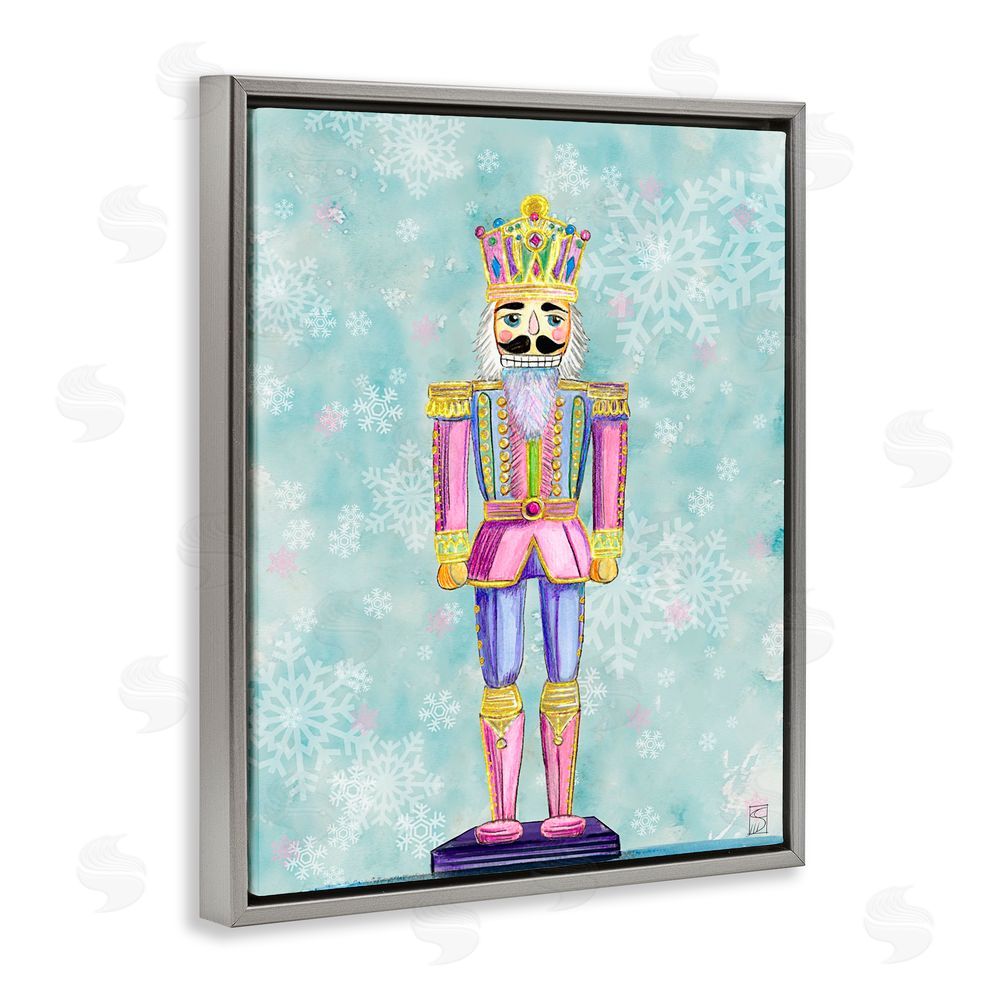 Sara Culpepper Pastel Nutcracker on Snowflakes Gray Floating Frame Canvas Art Print