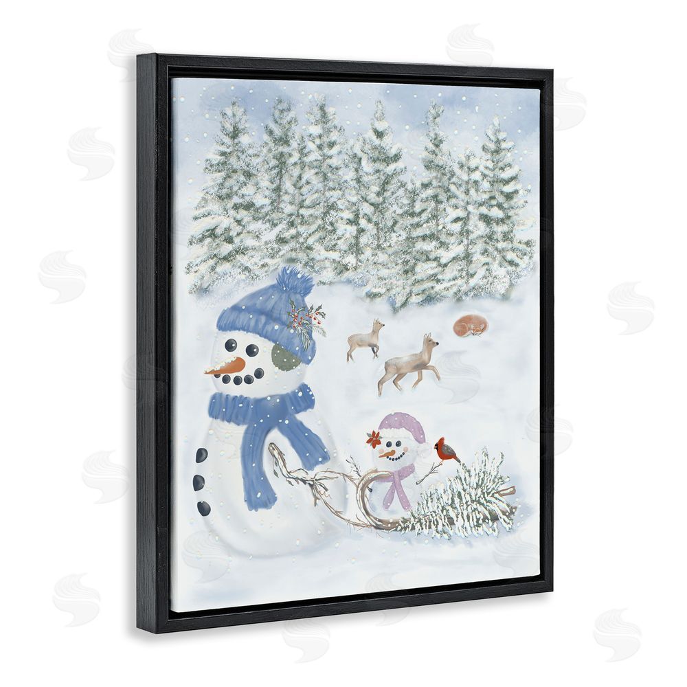 Leslie Hermosa Fun In The Snow Baby Snowman Black Floating Frame Canvas Wall Art Print