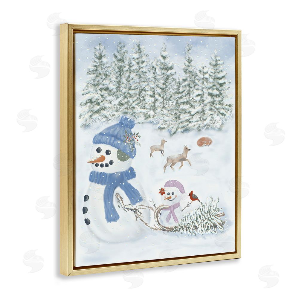 Leslie Hermosa Fun In The Snow Baby Snowman Gold Floating Frame Canvas Art Print