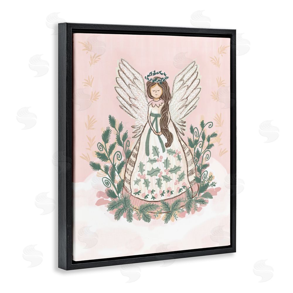 Connie Summers Christmas Angel with Botanicals Black Floating Frame Canvas Wall Art Print
