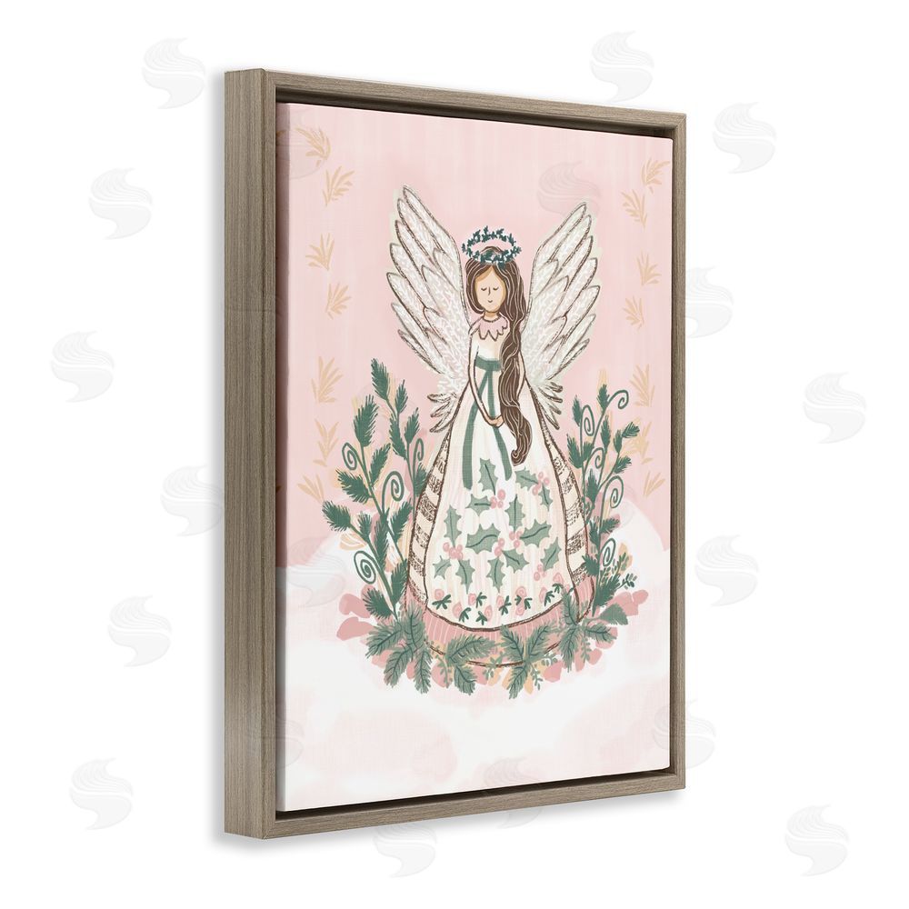 Connie Summers Christmas Angel with Botanicals Brown Floating Frame Canvas Art Print