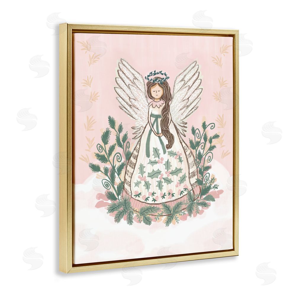 Connie Summers Christmas Angel with Botanicals Gold Floating Frame Canvas Art Print
