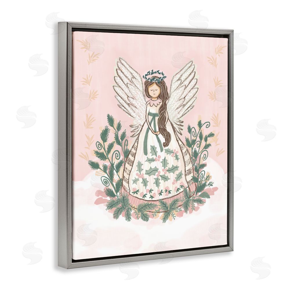 Connie Summers Christmas Angel with Botanicals Gray Floating Frame Canvas Art Print