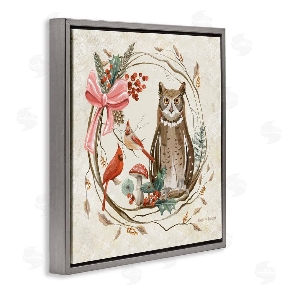 Kelley Talent Woodland Owl Rustic Wreath Gray Floating Frame Canvas Art Print