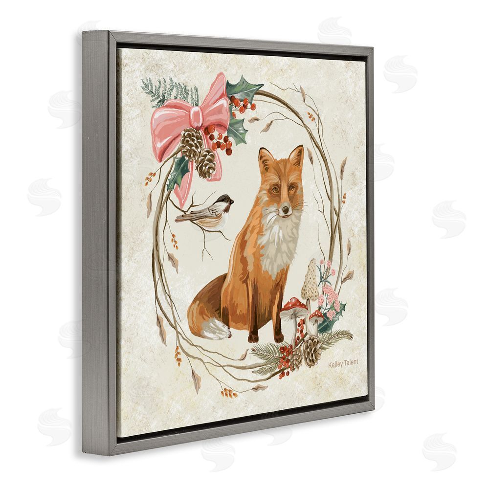 Kelley Talent Woodland Fox Rustic Wreath Gray Floating Frame Canvas Art Print