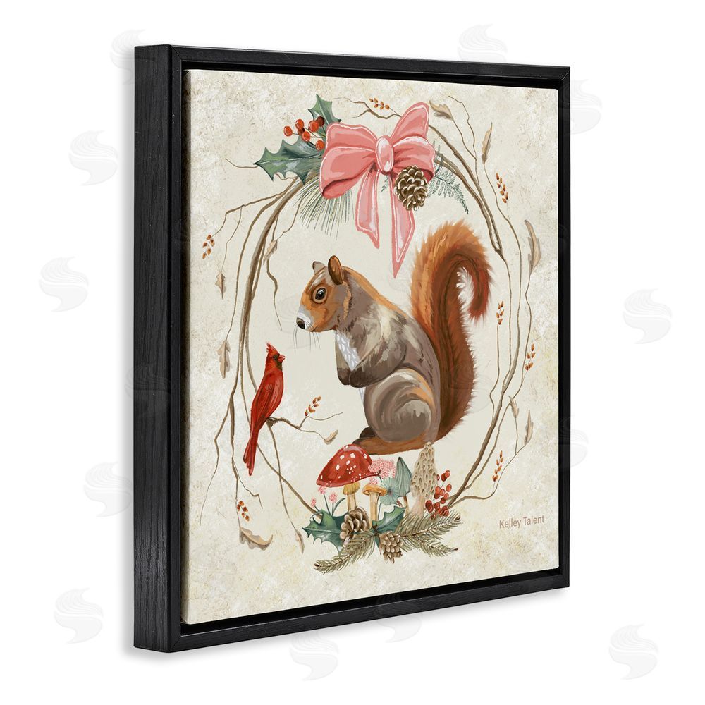 Kelley Talent Woodland Squirrel Rustic Wreath Black Floating Frame Canvas Wall Art Print