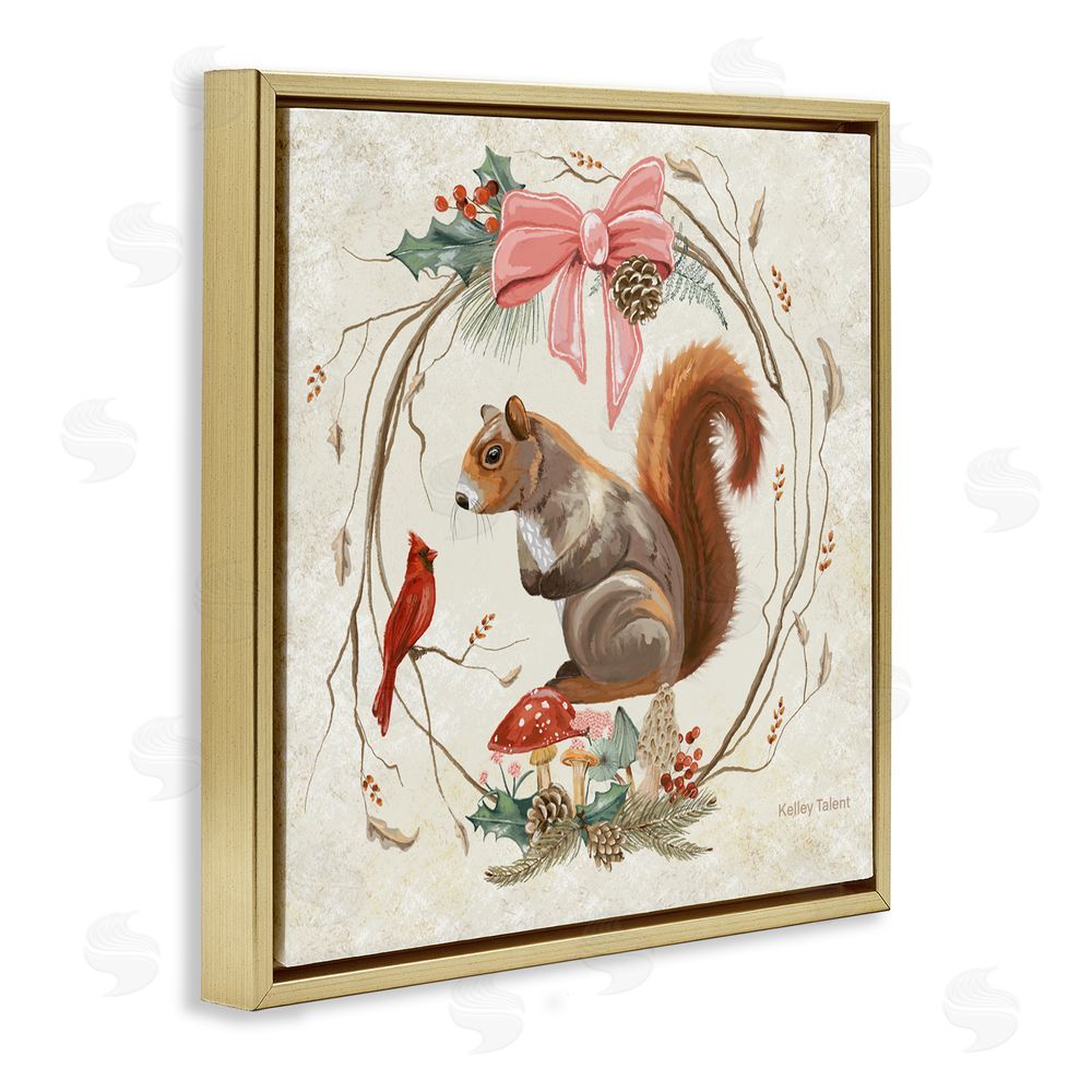 Kelley Talent Woodland Squirrel Rustic Wreath Gold Floating Frame Canvas Art Print