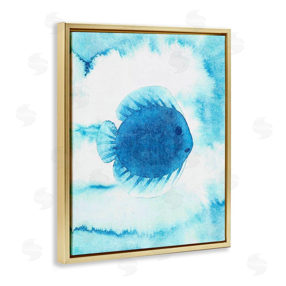 Camila Juncos Round Blue Fish Gold Floating Frame Canvas Art Print