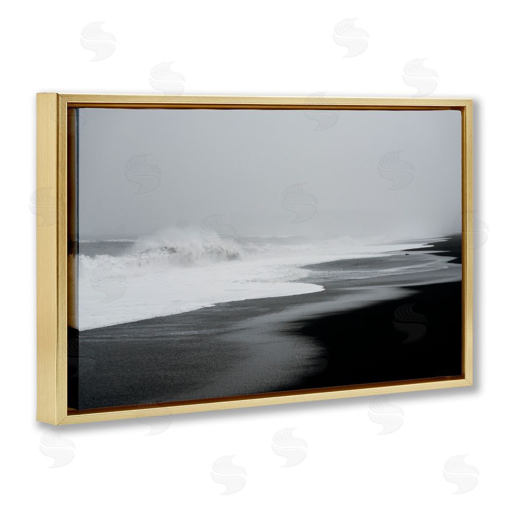 Jade Sharp Photo Cresting Waves Black Sand Coast Gold Floating Frame Canvas Art Print