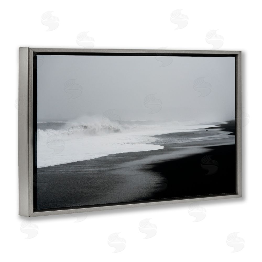 Jade Sharp Photo Cresting Waves Black Sand Coast Gray Floating Frame Canvas Art Print