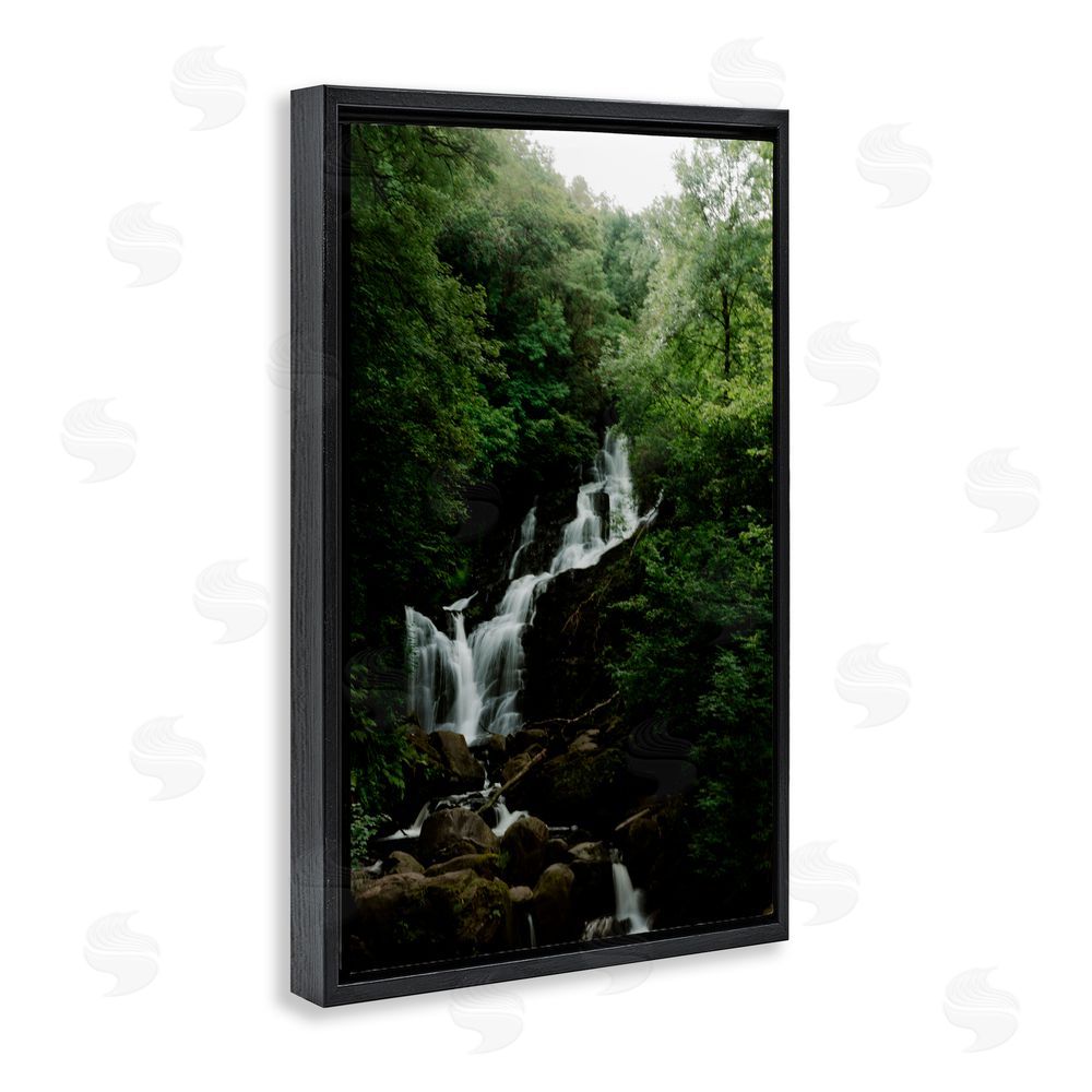 Jade Sharp Photo Cascading Waterfall in Forest Black Floating Frame Canvas Wall Art Print