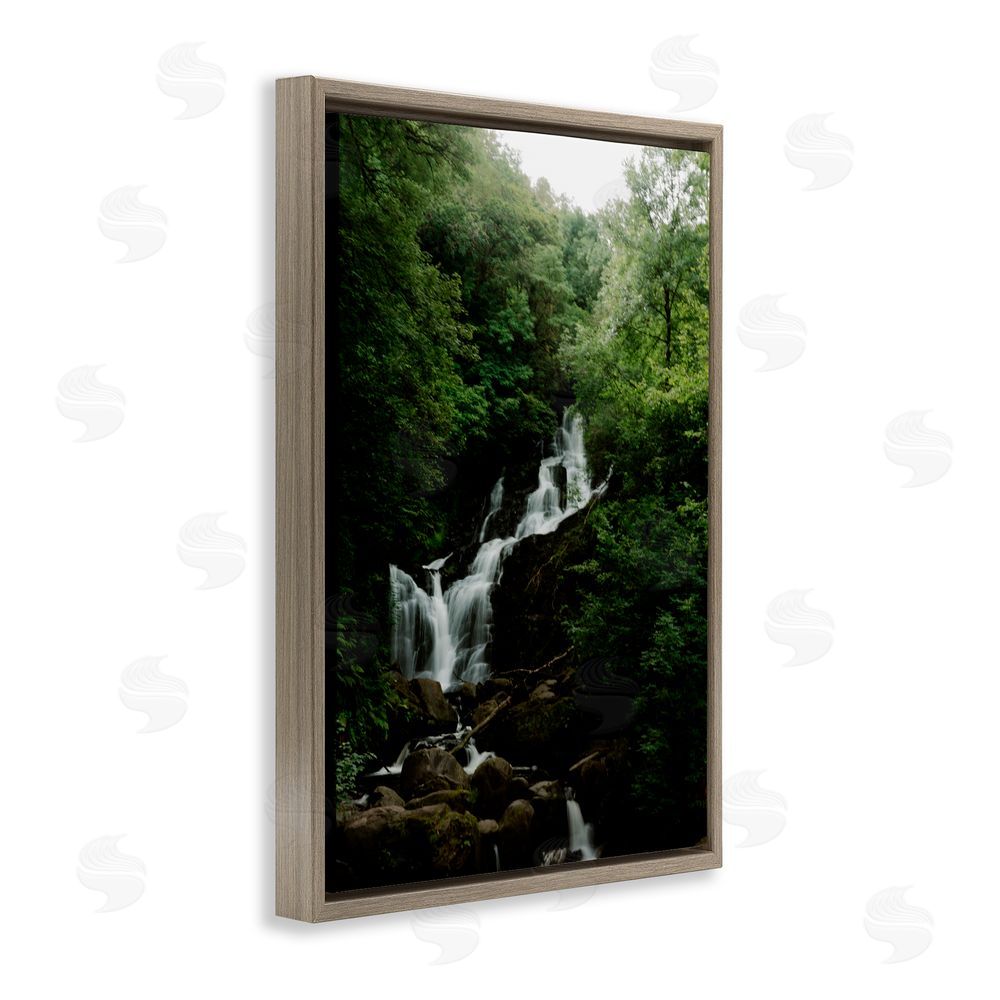 Jade Sharp Photo Cascading Waterfall in Forest Brown Floating Frame Canvas Art Print