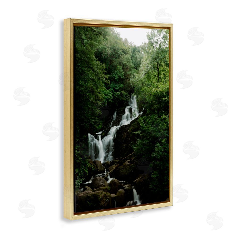Jade Sharp Photo Cascading Waterfall in Forest Gold Floating Frame Canvas Art Print