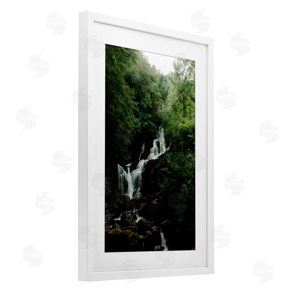 Jade Sharp Photo Cascading Waterfall in Forest White Framed Print Under Glass Art