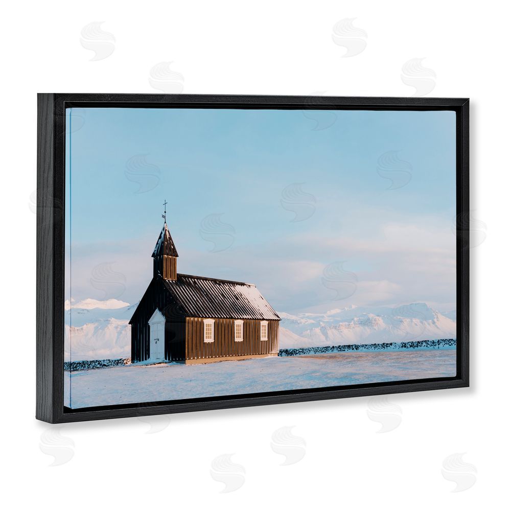 Jade Sharp Photo Church on Vast Snowscape Black Floating Frame Canvas Wall Art Print