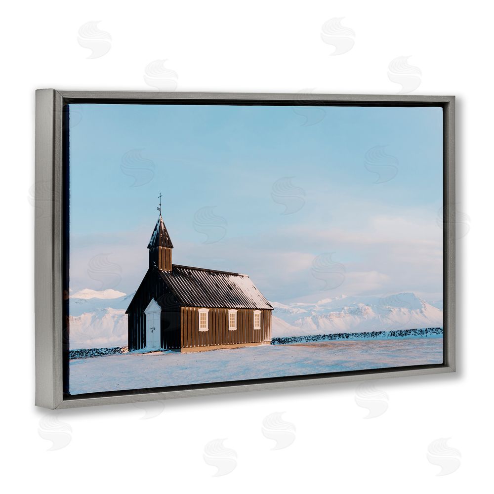 Jade Sharp Photo Church on Vast Snowscape Gray Floating Frame Canvas Art Print