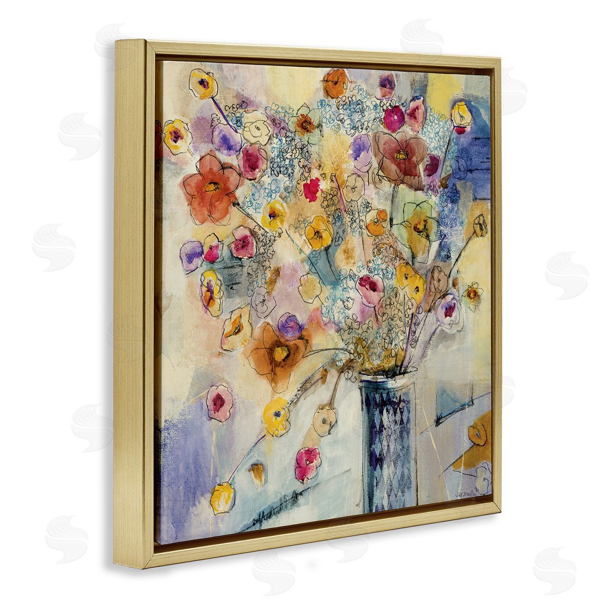 Chaotic Flowers Line Drawing Gold Floating Frame Canvas Wall Art, Home Decor by Third and Wall