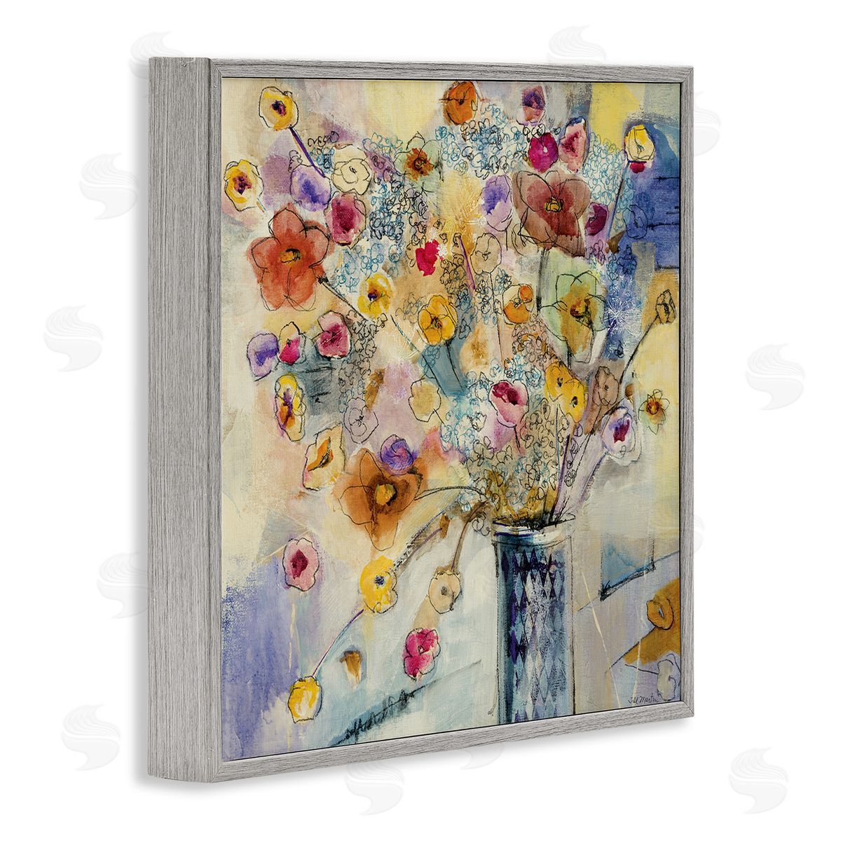 Chaotic Flowers Line Drawing Grey Frame Print Wall Art, Home Decor by Third and Wall
