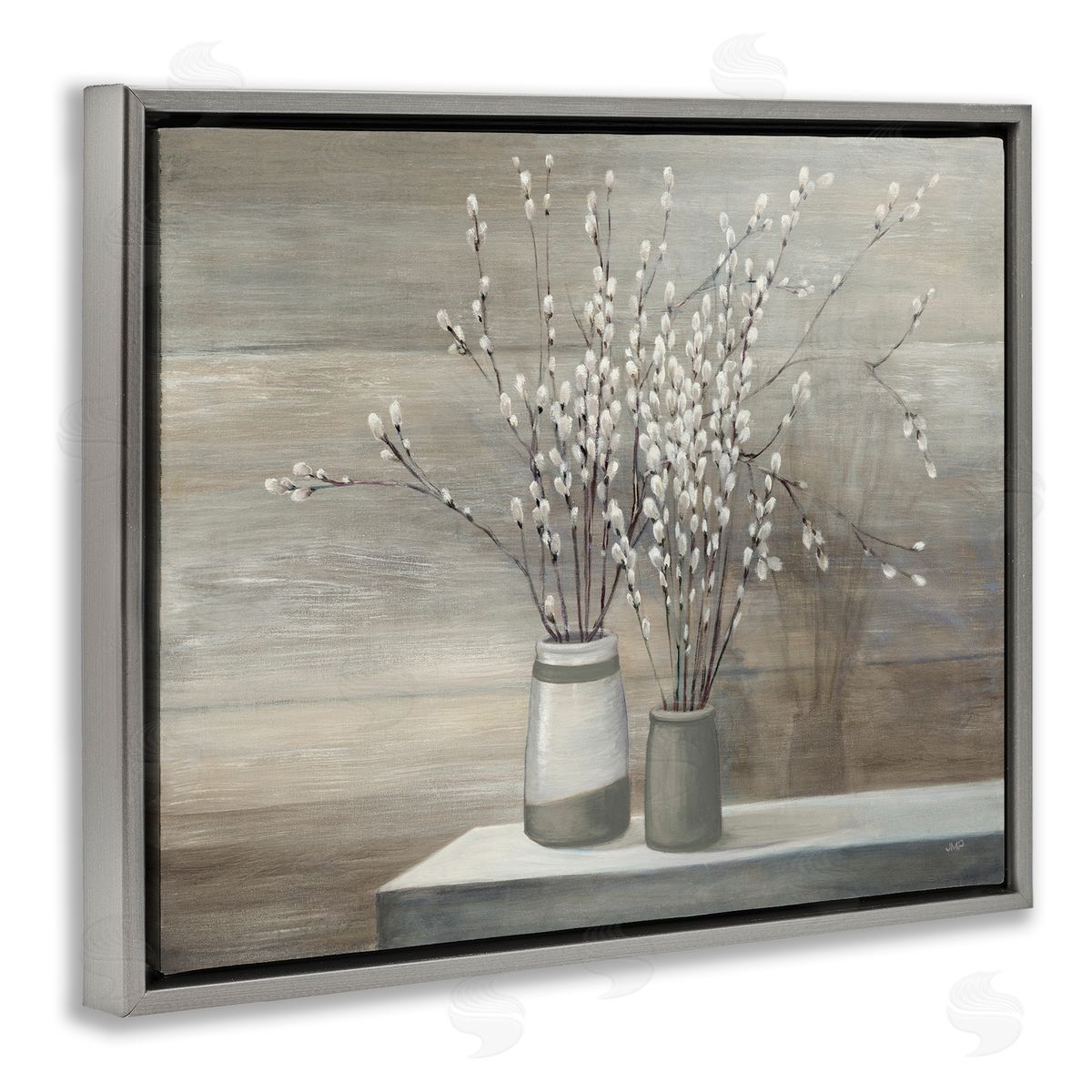 Pussy Willow Still Life Grey Floating Frame Canvas Wall Art, Home Decor by Wild Apple