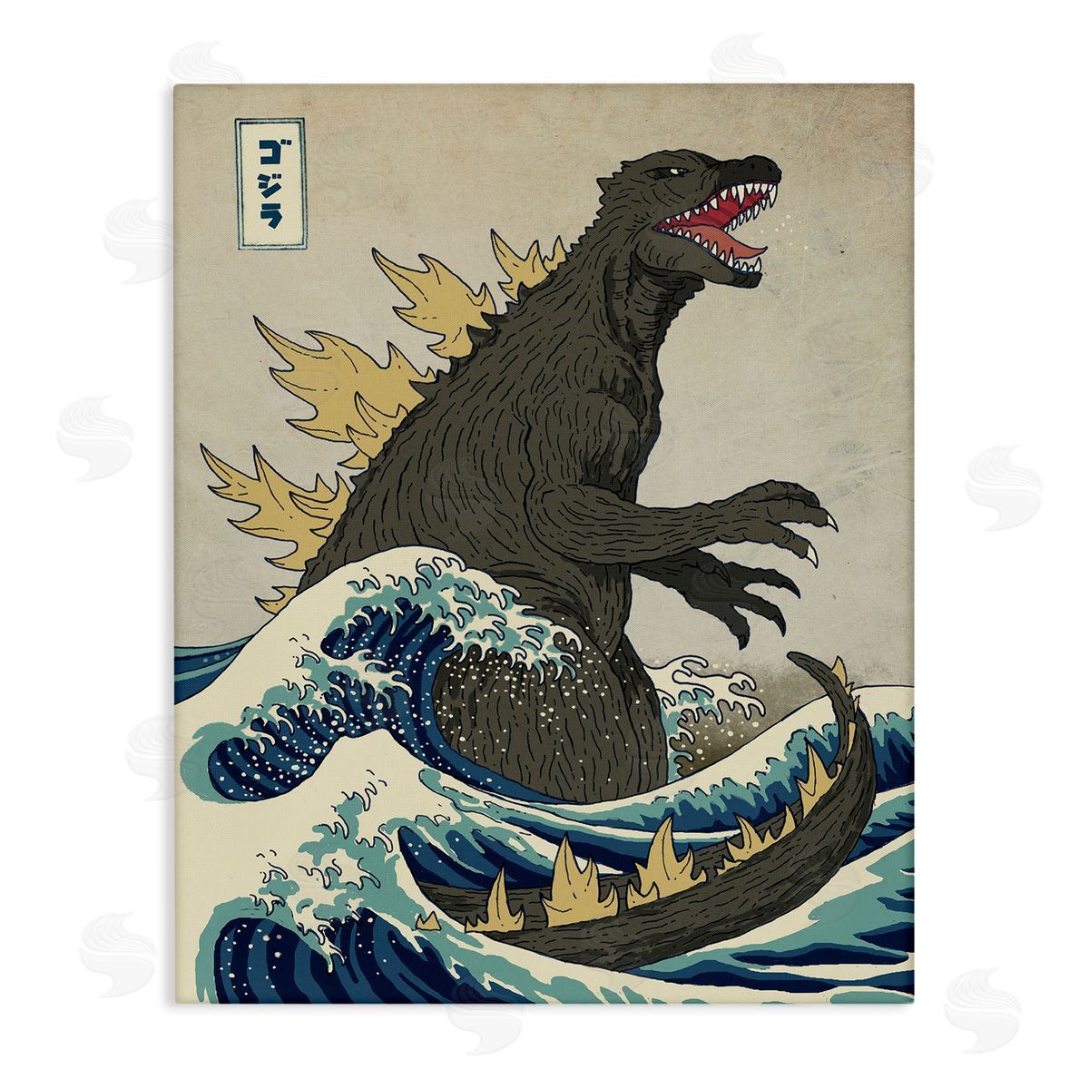 Nautical Godzilla Eastern Style Illustration Canvas Wall Art, Home Decor by Michael Buxton