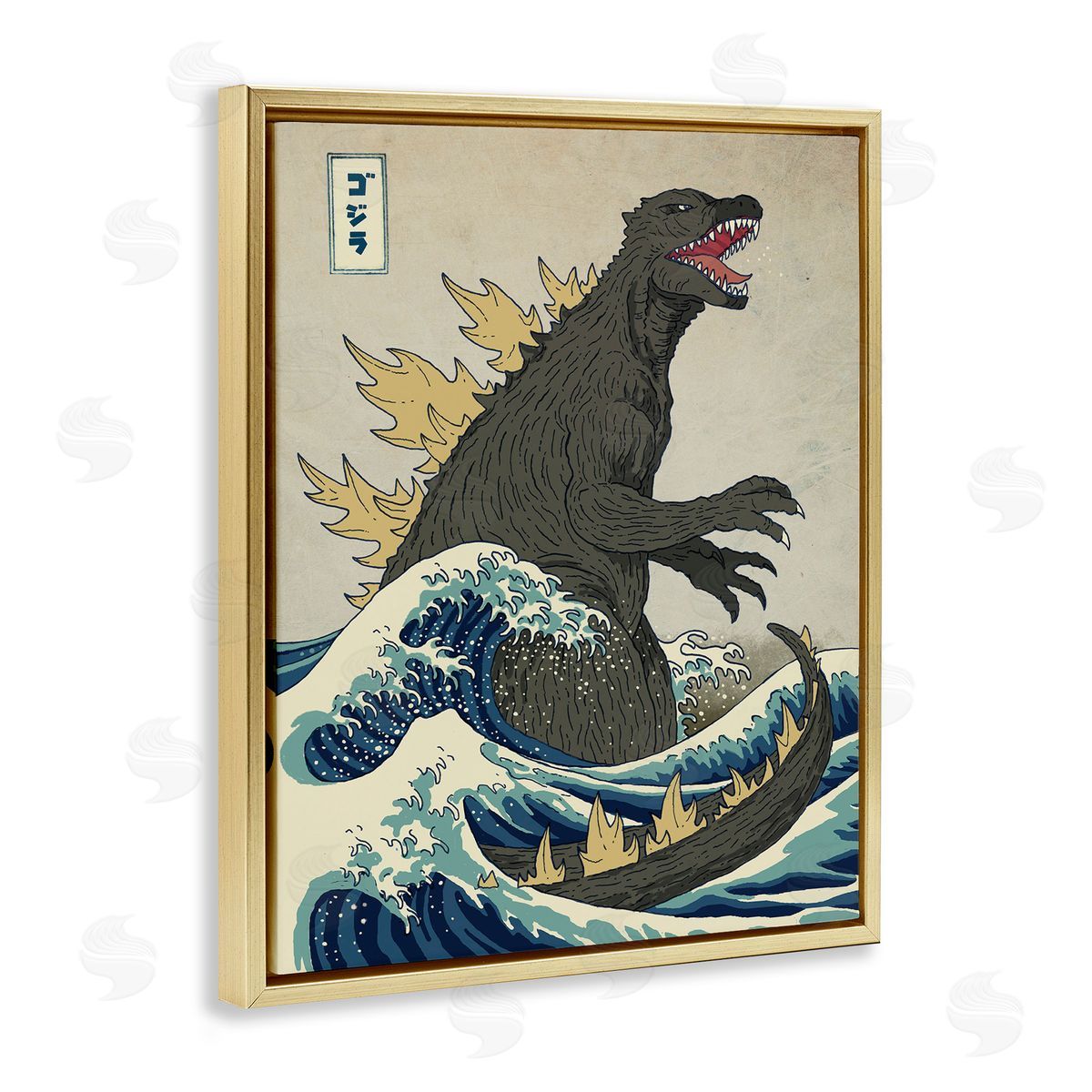 Nautical Godzilla Eastern Style Illustration Gold Floating Frame Canvas Wall Art, Home Decor by Michael Buxton