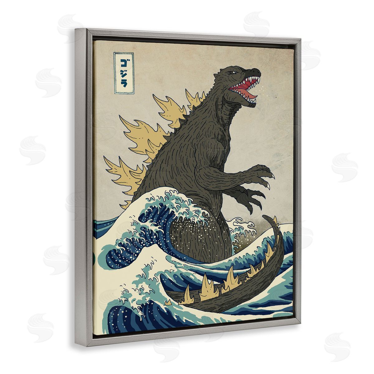 Nautical Godzilla Eastern Style Illustration Grey Floating Frame Canvas Wall Art, Home Decor by Michael Buxton