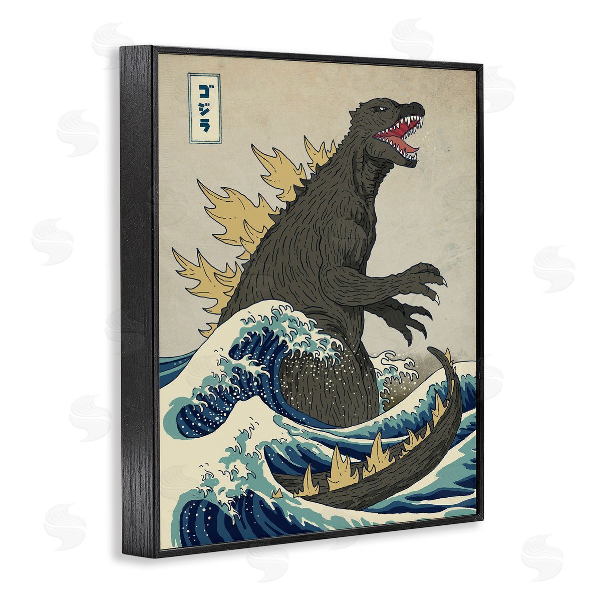 Nautical Godzilla Eastern Style Illustration Black Frame Print Wall Art, Home Decor by Michael Buxton
