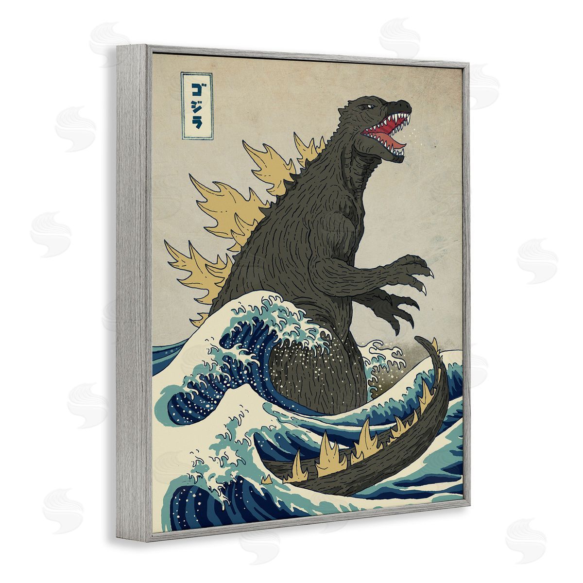 Nautical Godzilla Eastern Style Illustration Grey Frame Print Wall Art, Home Decor by Michael Buxton