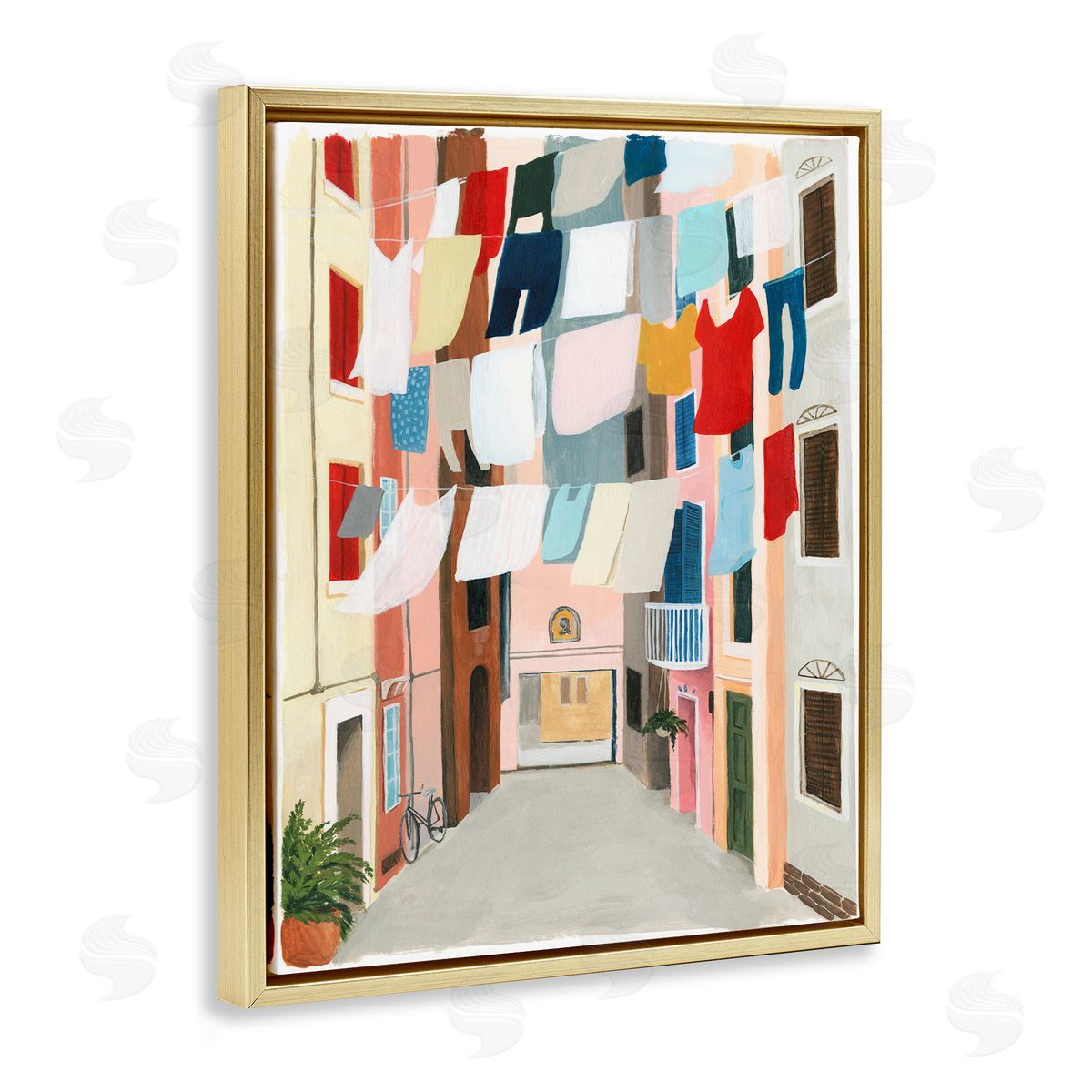 Laundry Clothesline Between Apartments Gold Floating Frame Canvas Wall Art, Home Decor by Grace Popp