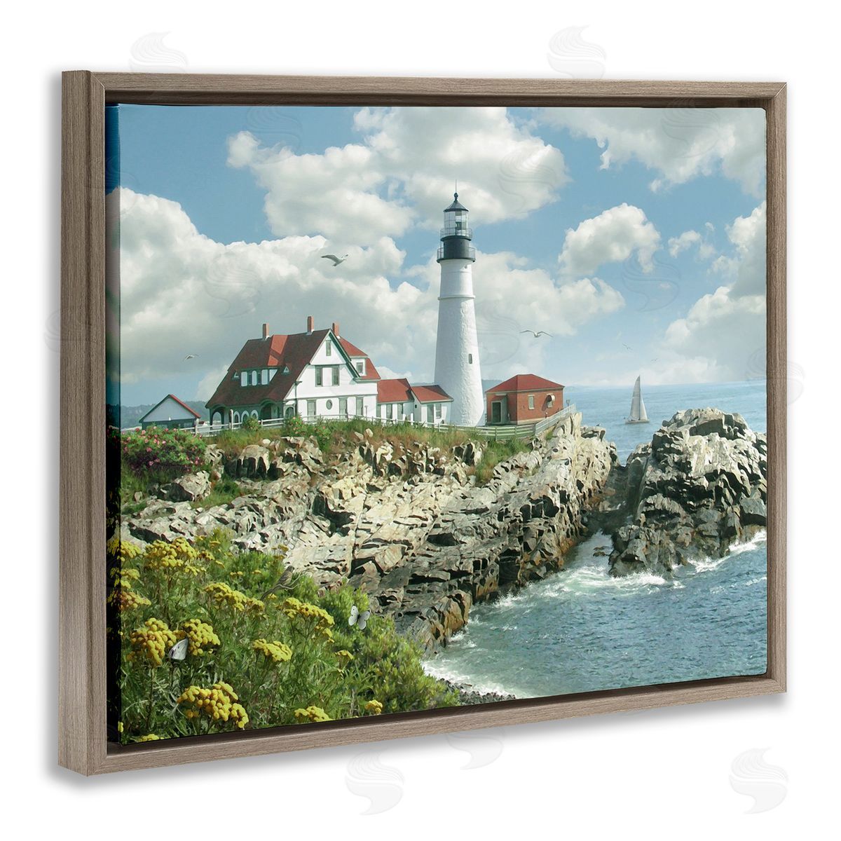 Portland Lighthouse Peninsula Scene Brown Floating Frame Canvas Wall Art, Home Decor by Alan Giana & Company