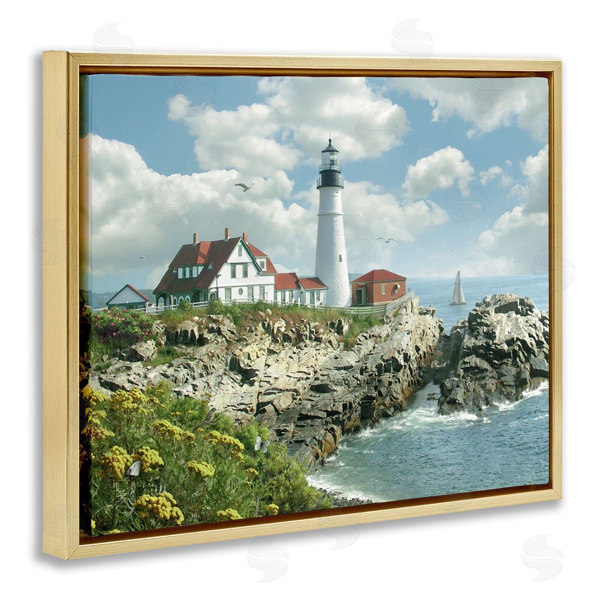 Portland Lighthouse Peninsula Scene Gold Floating Frame Canvas Wall Art, Home Decor by Alan Giana & Company