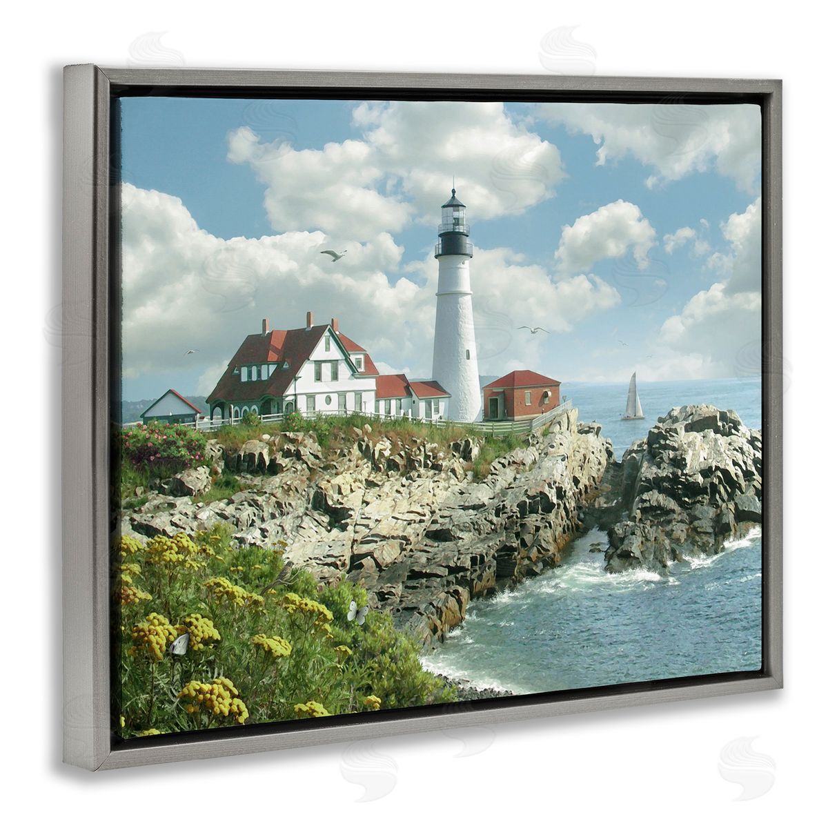 Portland Lighthouse Peninsula Scene Grey Floating Frame Canvas Wall Art, Home Decor by Alan Giana & Company