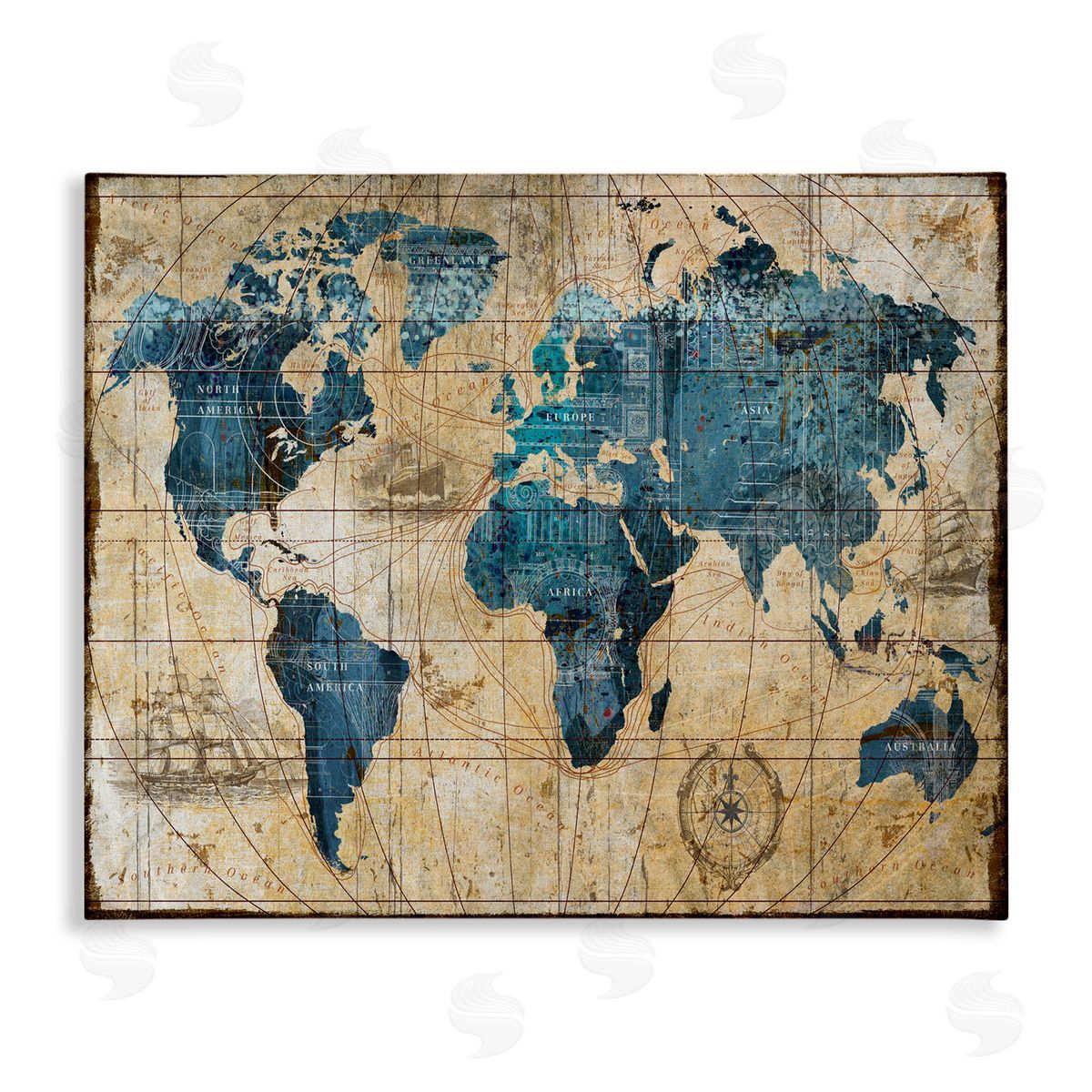 Vintage Abstract World Map Design Canvas Wall Art, Home Decor by Art Licensing Studio