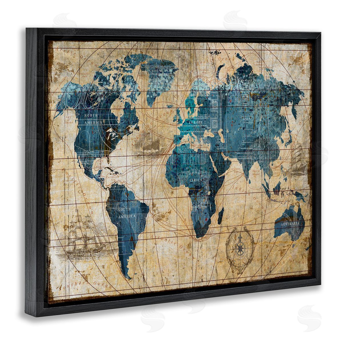 Vintage Abstract World Map Design Black Floating Frame Canvas Wall Art, Home Decor by Art Licensing Studio
