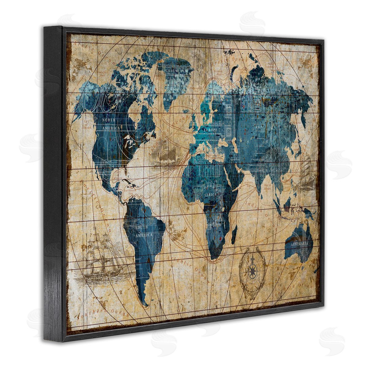 Vintage Abstract World Map Design Black Frame Print Wall Art, Home Decor by Art Licensing Studio
