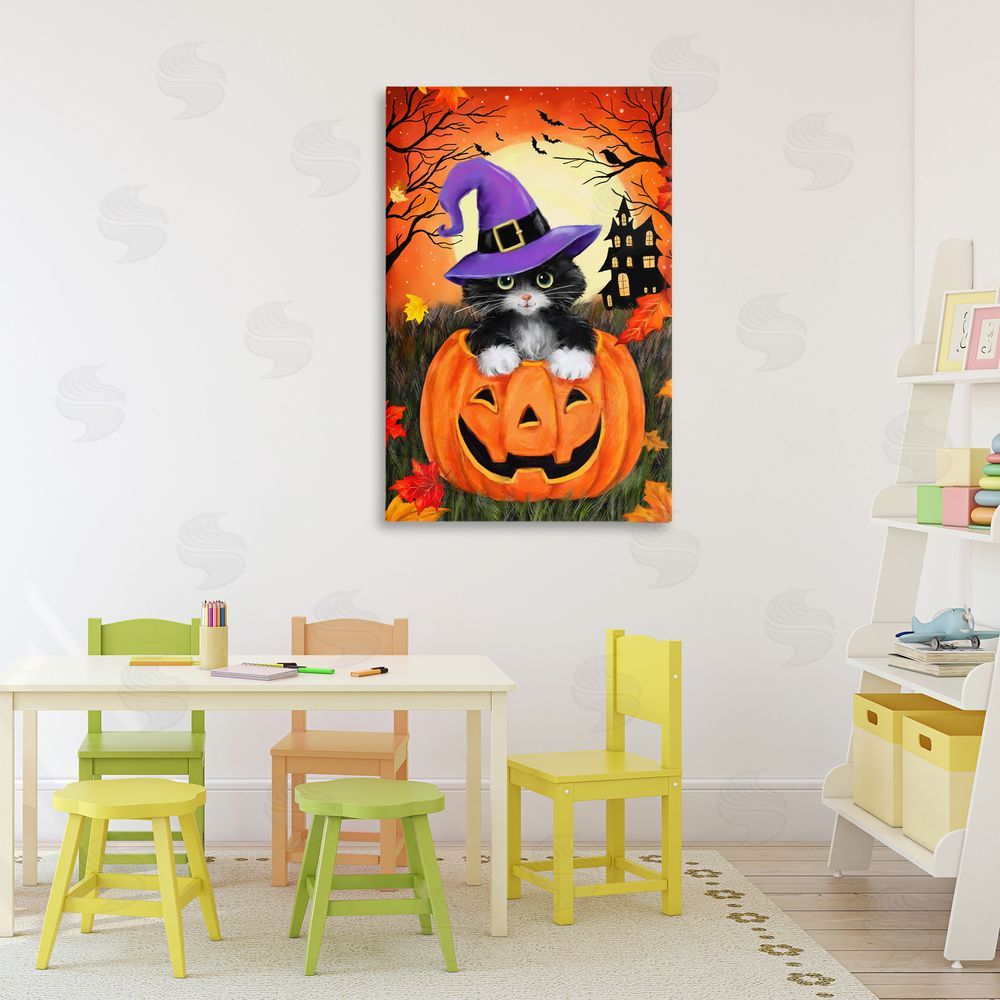 Jean Francois Cat Peeking from Jack-o-Lantern Printed Wall Art in Room