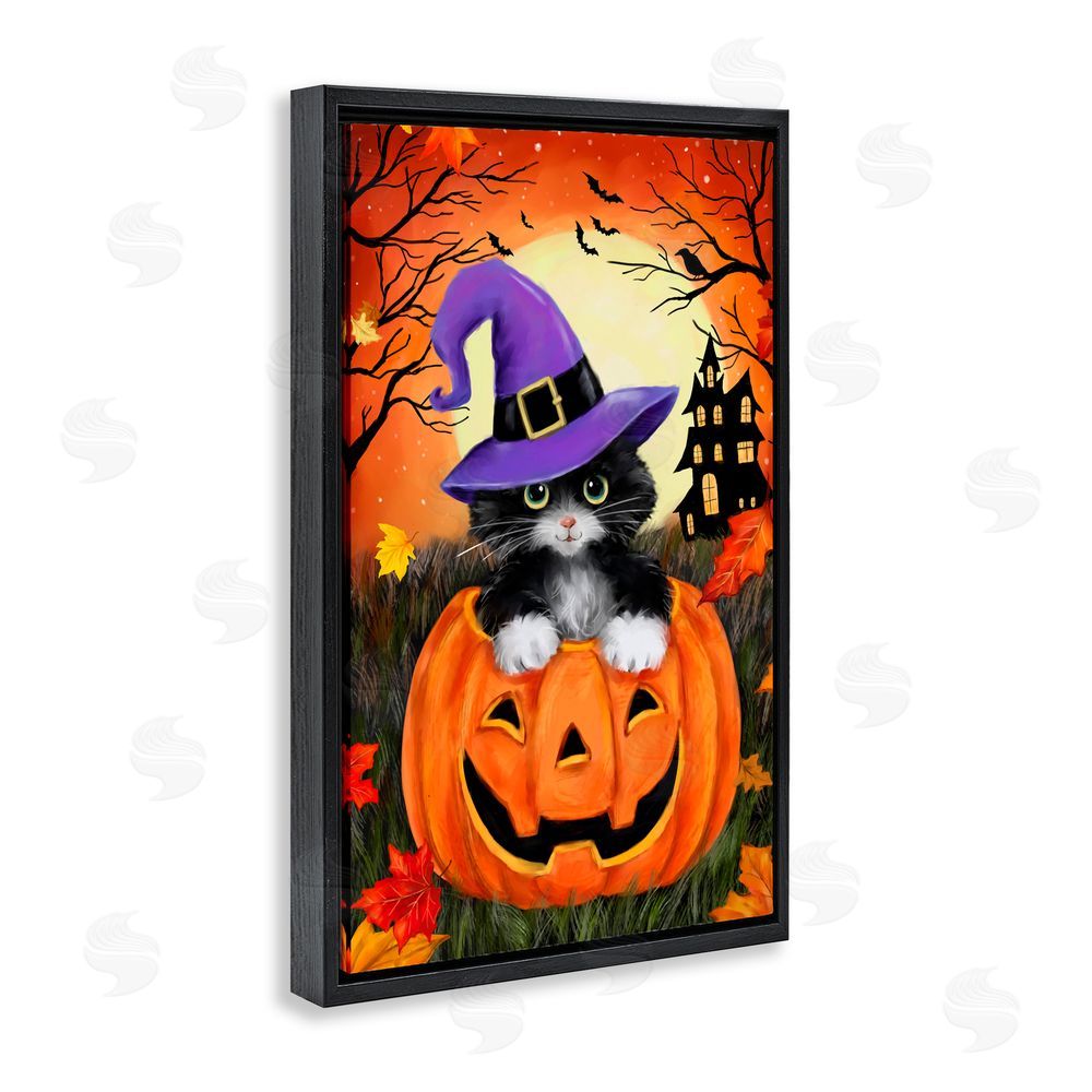 Jean Francois Cat Peeking from Jack-o-Lantern Black Floating Frame Canvas Wall Art Print